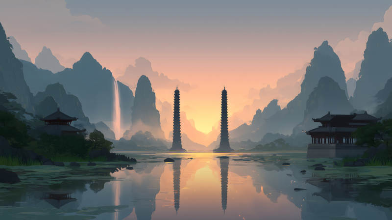 夕陽下的東方庭院與湖泊景色-圖片