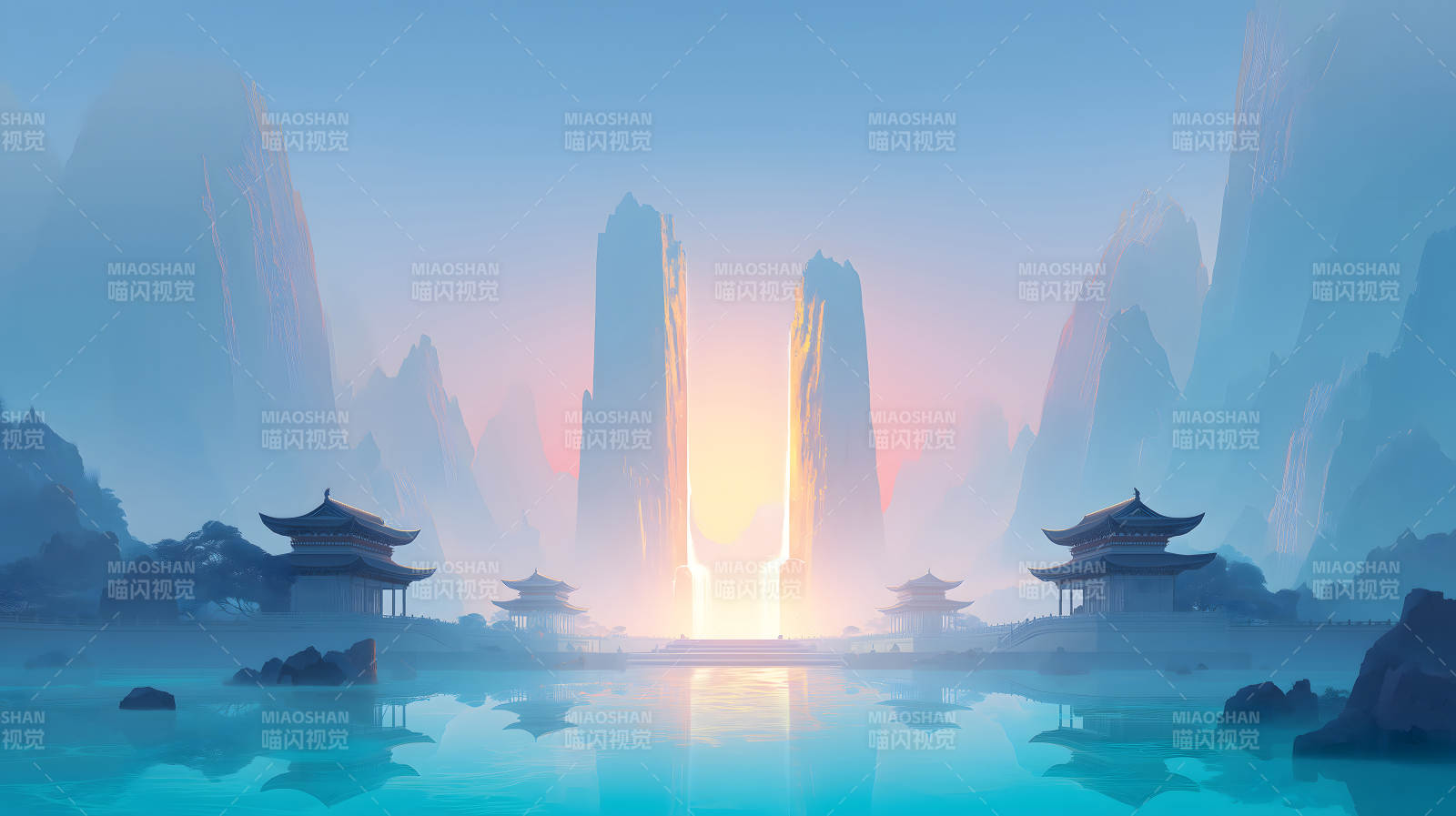 東方寺廟山水畫夢幻場景-圖片