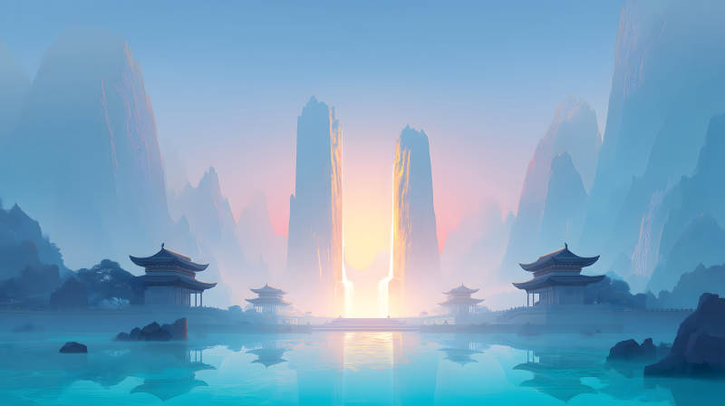 東方寺廟山水畫夢幻場景-圖片