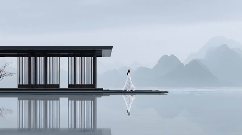 東方意境水墨山水畫風-圖片