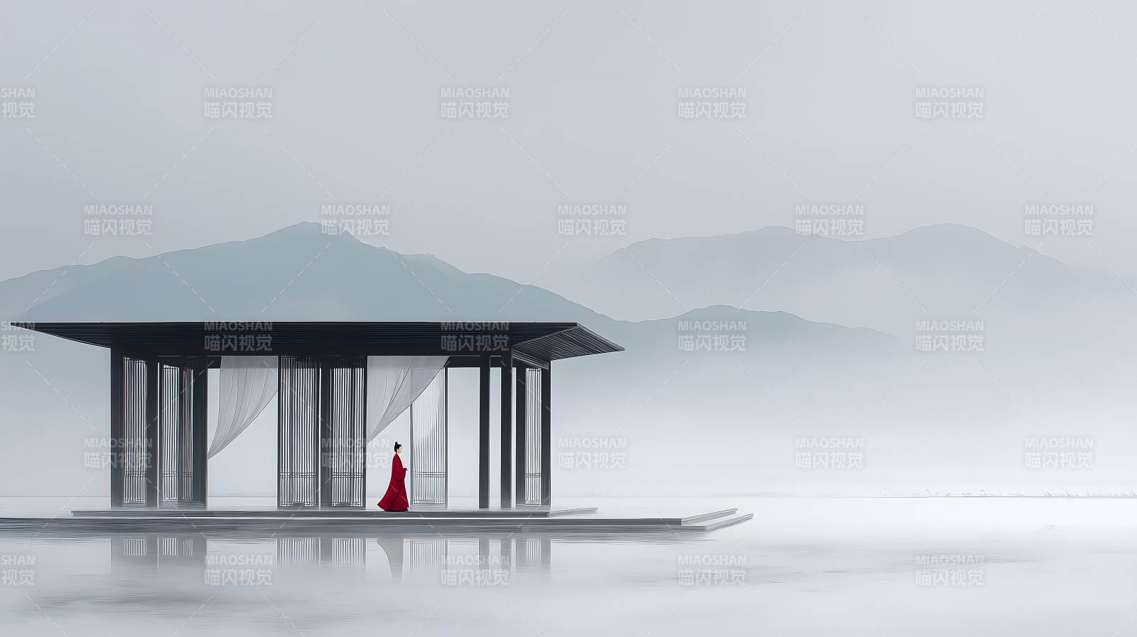 紅衣女子佇立亭臺山水之間-圖片