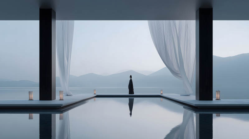 平靜的湖泊景觀人物剪影-圖片