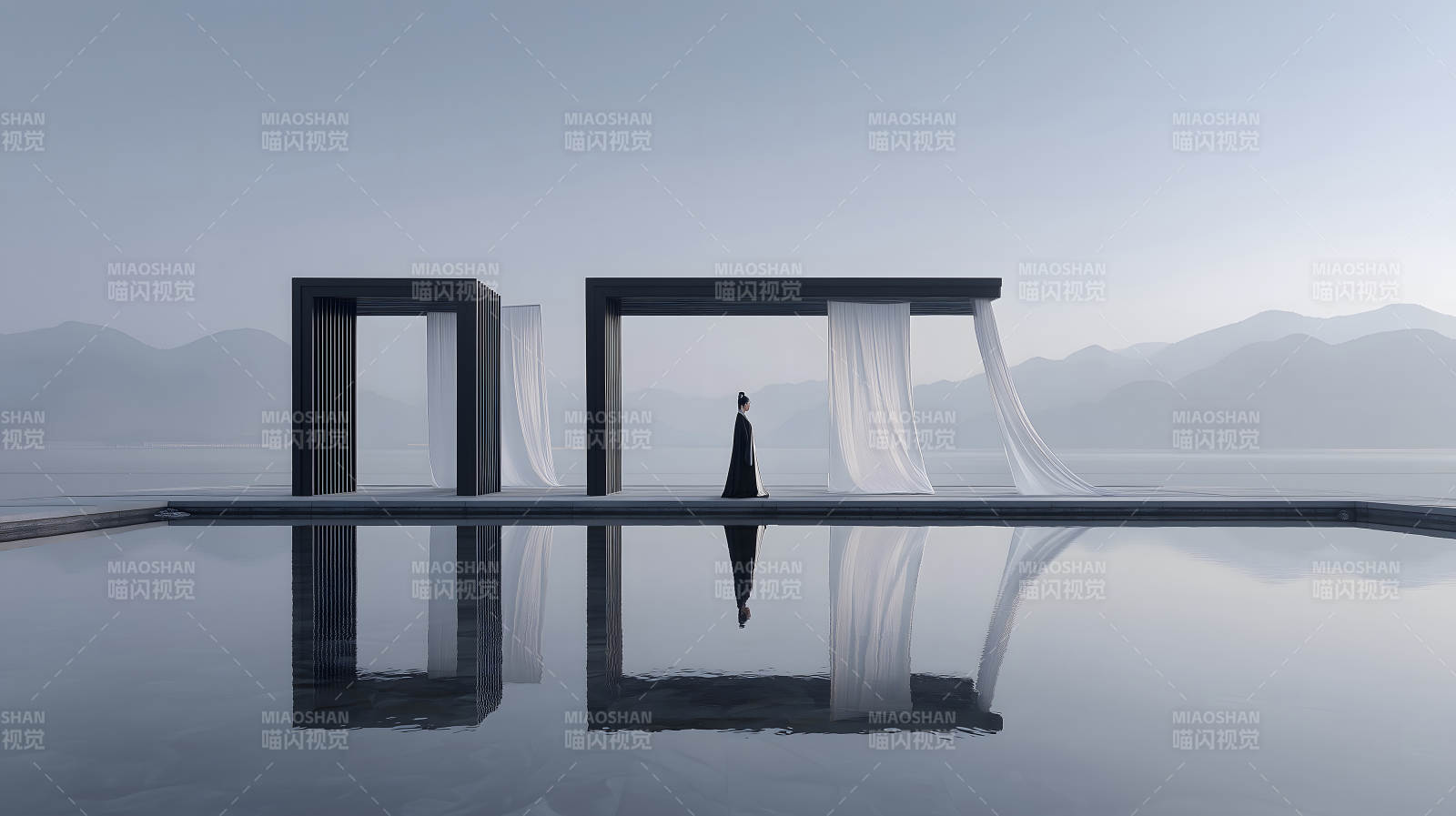 水邊建筑與人物剪影寧靜致遠意境-圖片