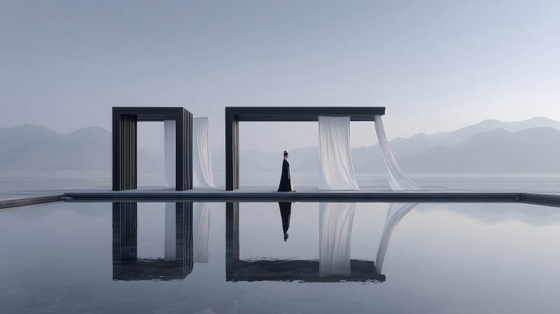 水邊建筑與人物剪影寧靜致遠意境-圖片