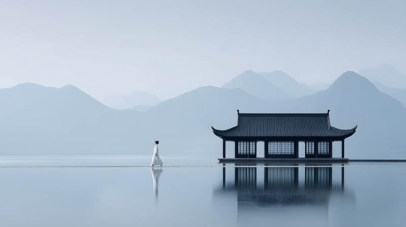 寧靜的湖畔建筑與行人-圖片