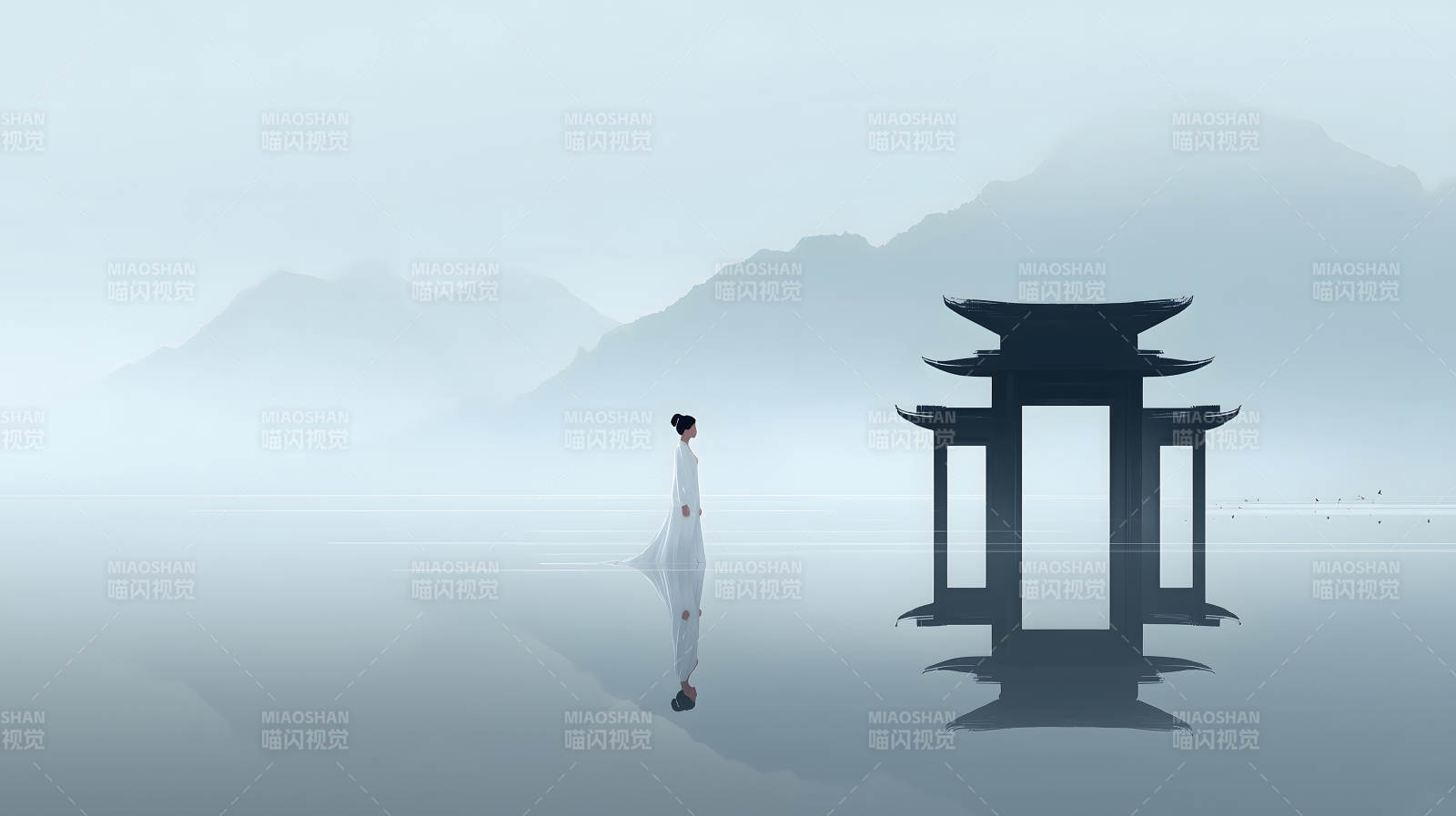 女子凝視日式建筑風景畫-圖片