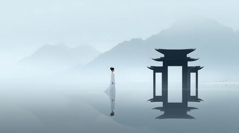 女子凝視日式建筑風景畫-圖片