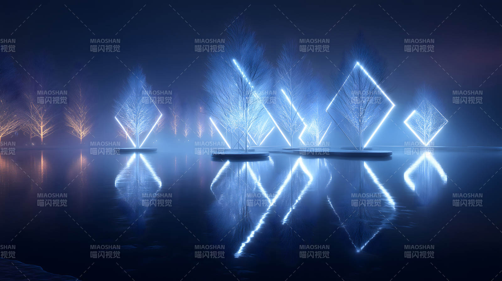 夜幕下發光的樹木與水面映射-圖片