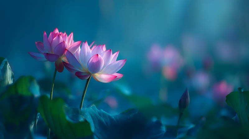 粉色蓮花在藍色背景下綻放-圖片