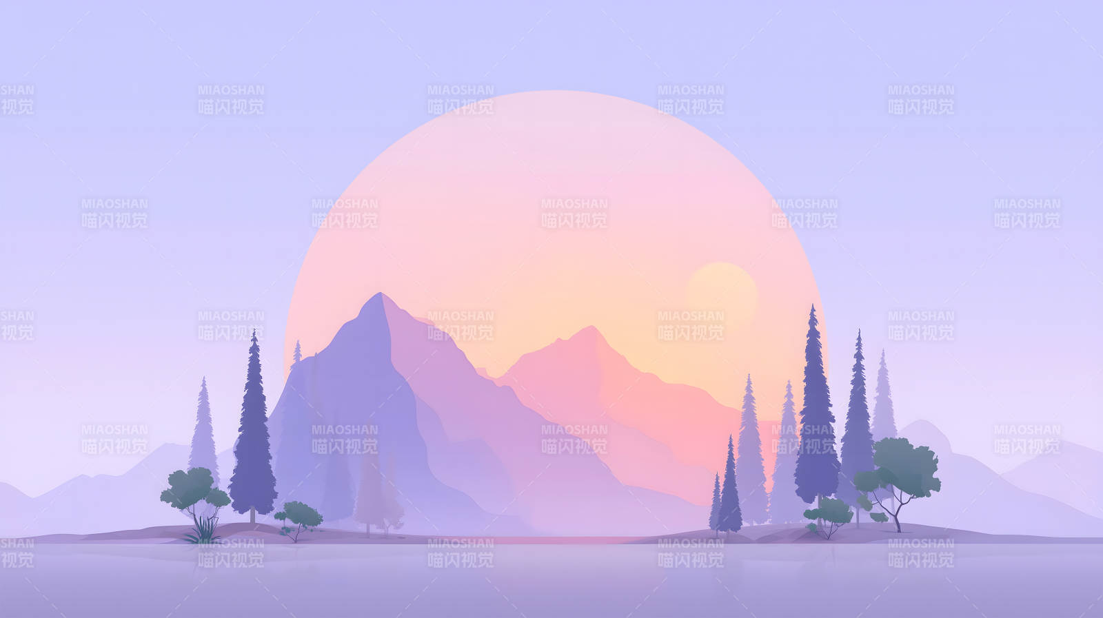 日落山水畫唯美簡約風景-圖片