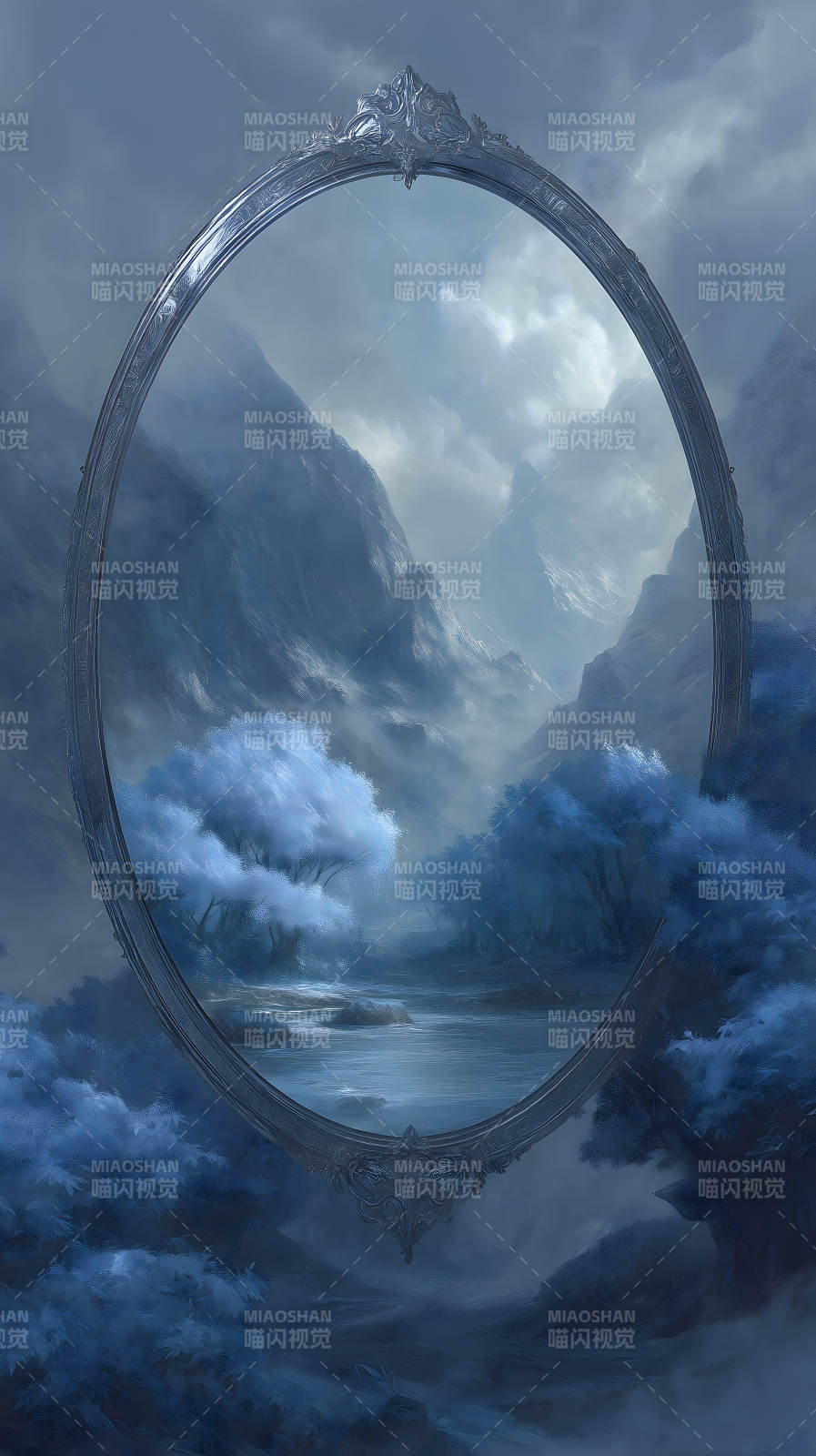 鏡中仙境幽靜山川藍色幻境-圖片