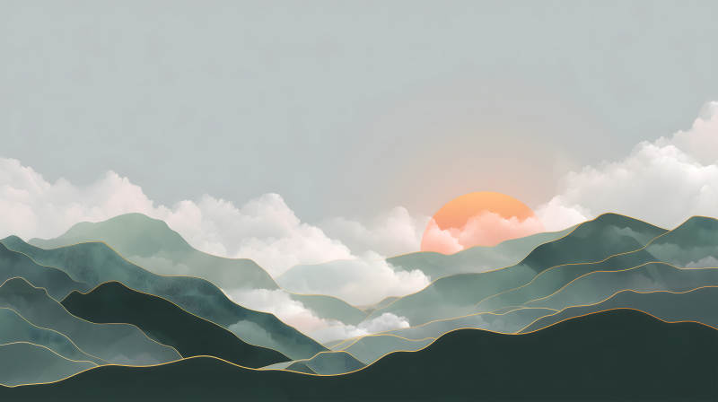 水墨山巒夕陽景象意境悠遠-圖片