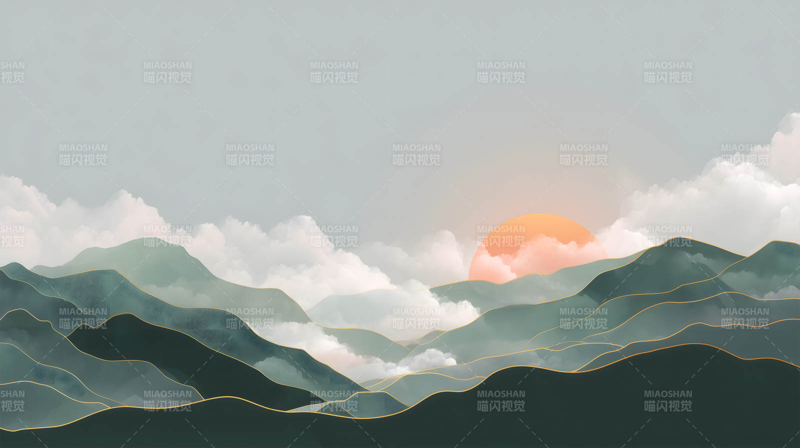 水墨山巒夕陽景象意境悠遠-圖片