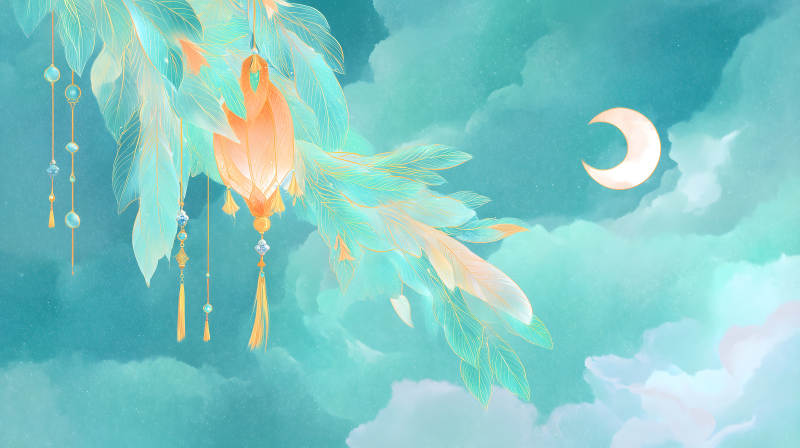 夢幻般月夜裝飾與羽毛-圖片