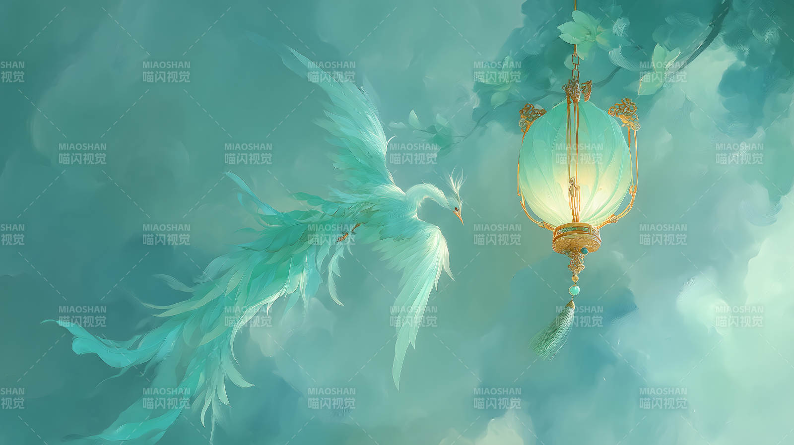 青色仙鳥與燈籠的夢(mèng)幻畫-圖片
