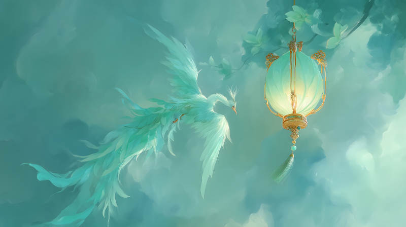 青色仙鳥與燈籠的夢幻畫-圖片