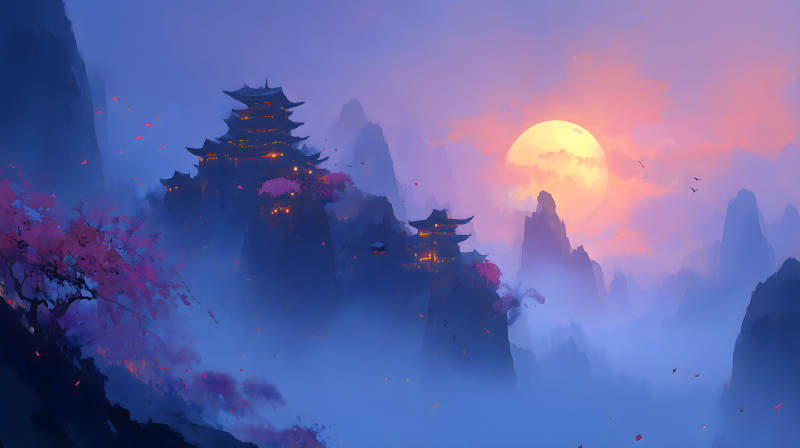 日落時分的山間寺廟-圖片