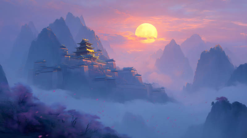 山間古城晚霞下的美景-圖片