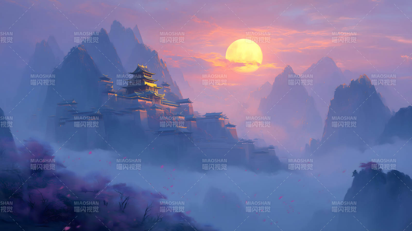 山間古城晚霞下的美景-圖片