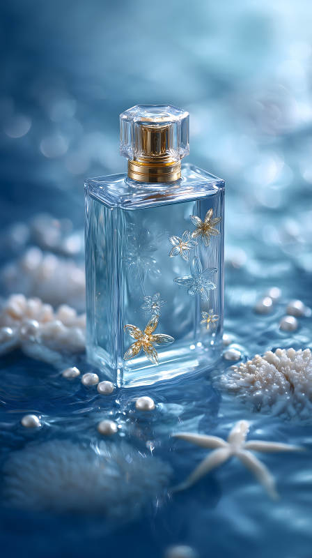 藍色香水瓶水中珍珠-圖片