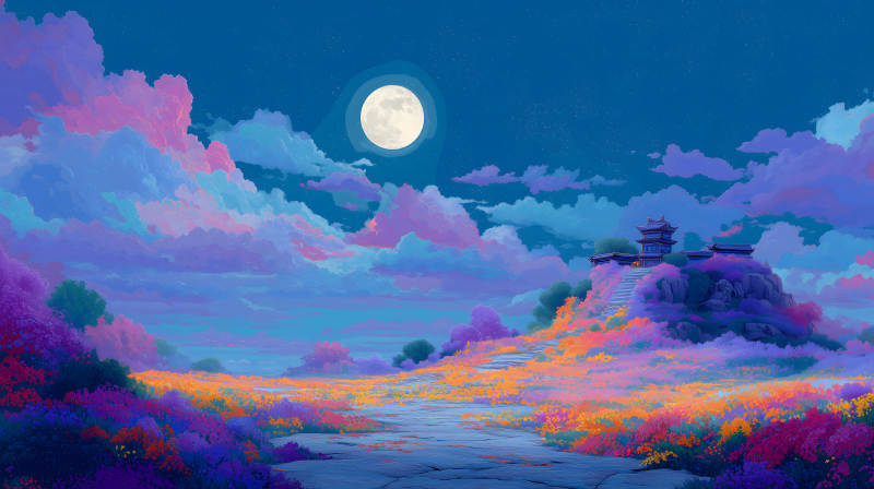 月夜仙境夢幻山丘之上-圖片