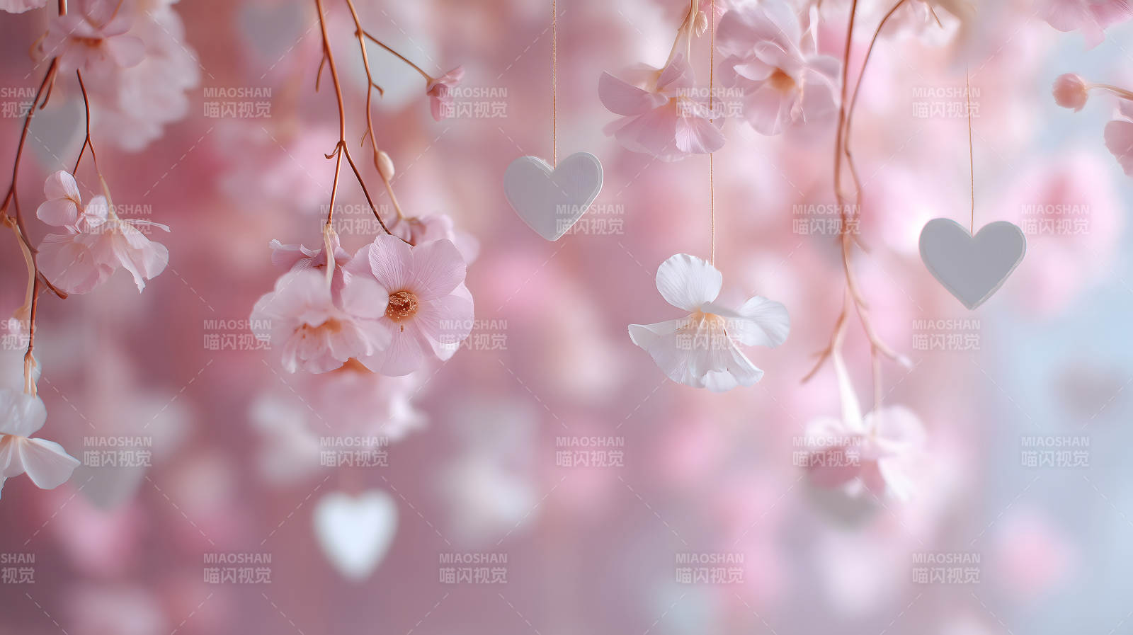 粉色櫻花與懸掛的心形裝飾-圖片