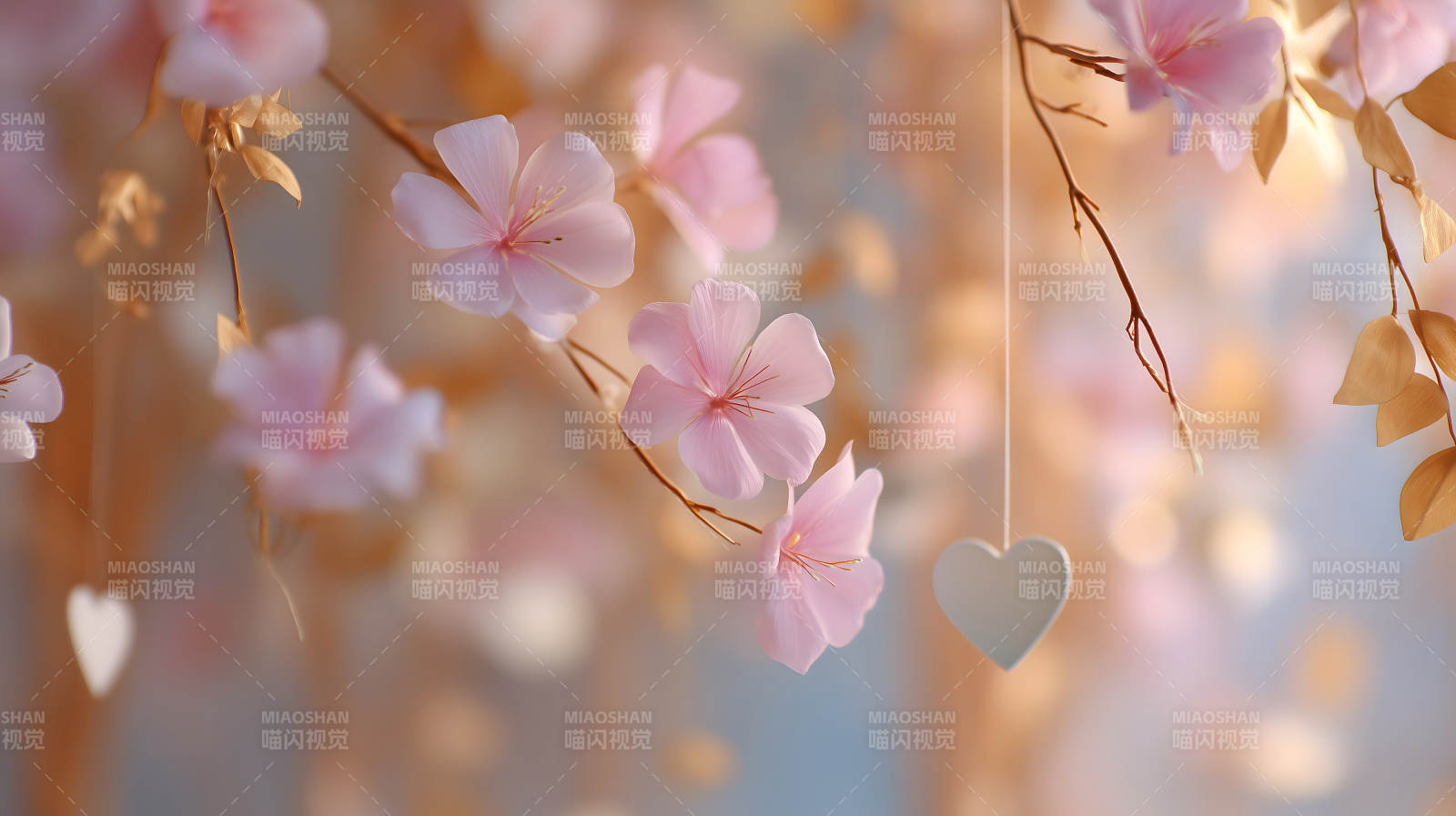 粉色花朵與愛心裝飾的浪漫景象-圖片