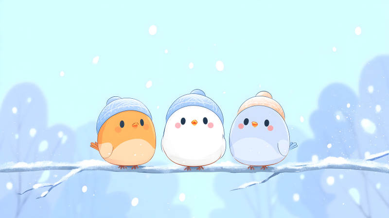 三只戴帽小鳥在雪天里休息-圖片