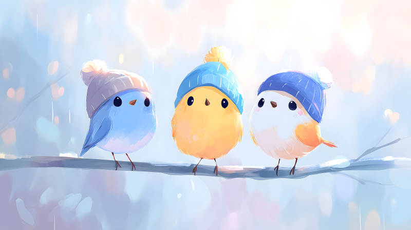 三只戴帽小鳥在枝頭-圖片