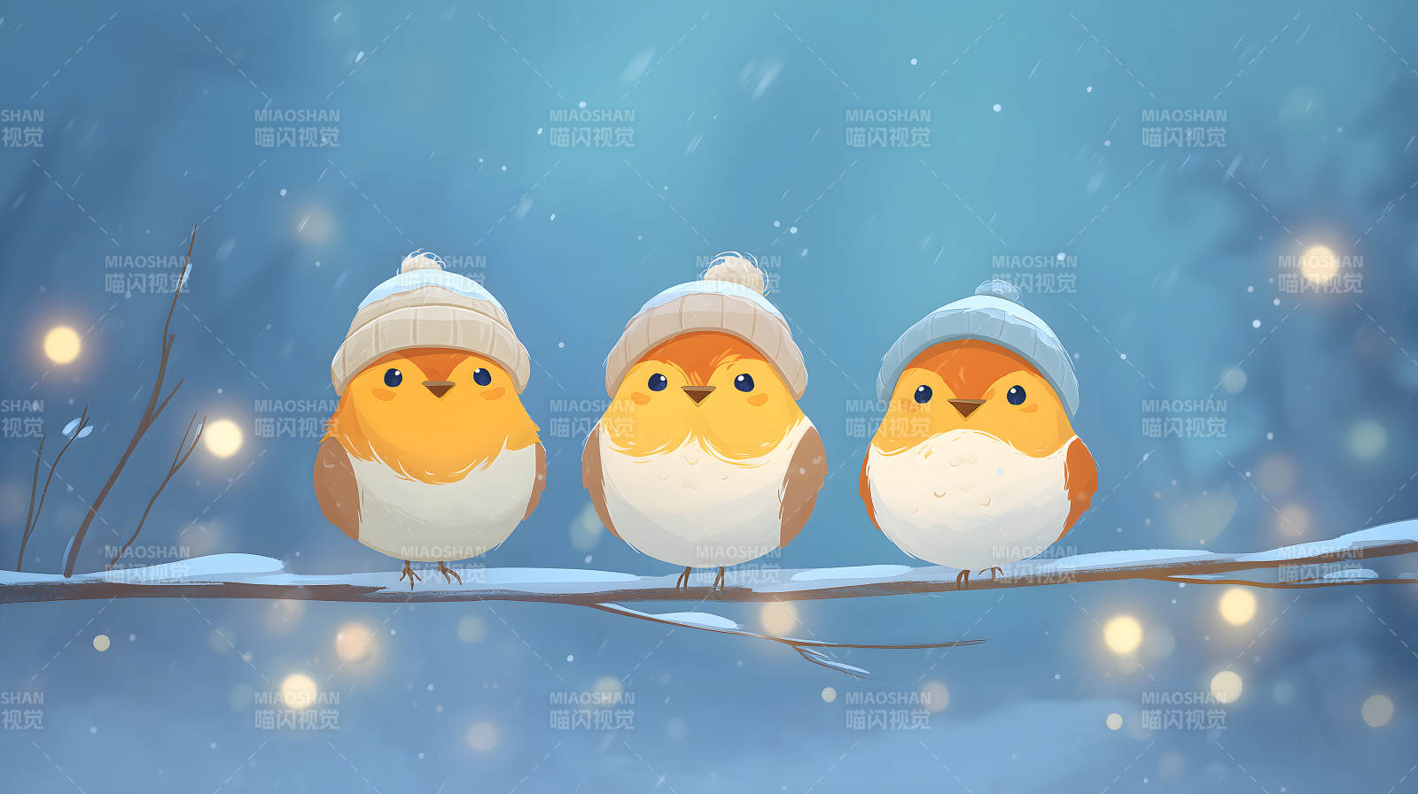 三只可愛的小鳥在雪中-圖片