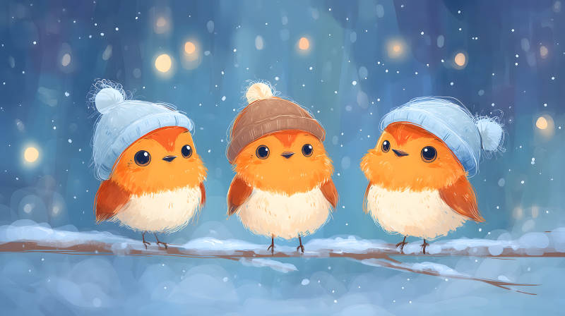 可愛小鳥戴著帽子在雪中-圖片