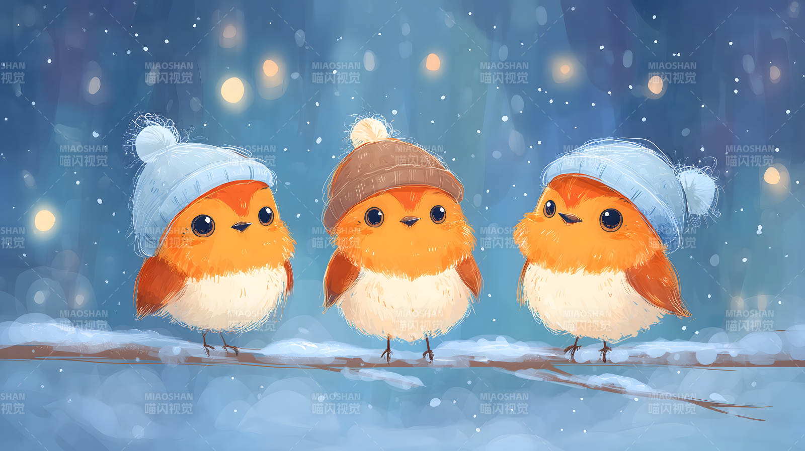 可愛(ài)小鳥(niǎo)戴著帽子在雪中-圖片