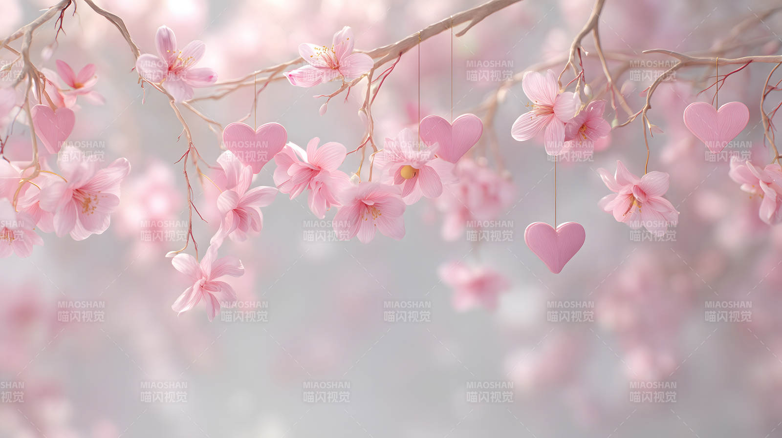 粉色樱花与心形装饰点缀浪漫-图片