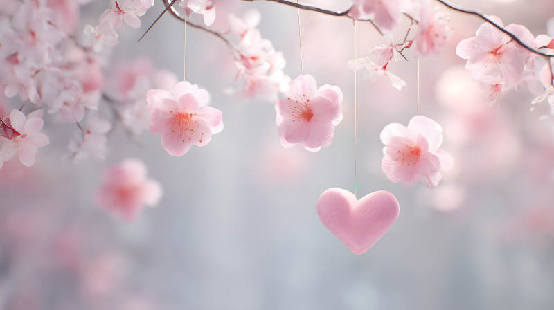 粉色櫻花與愛心裝飾的唯美意境-圖片