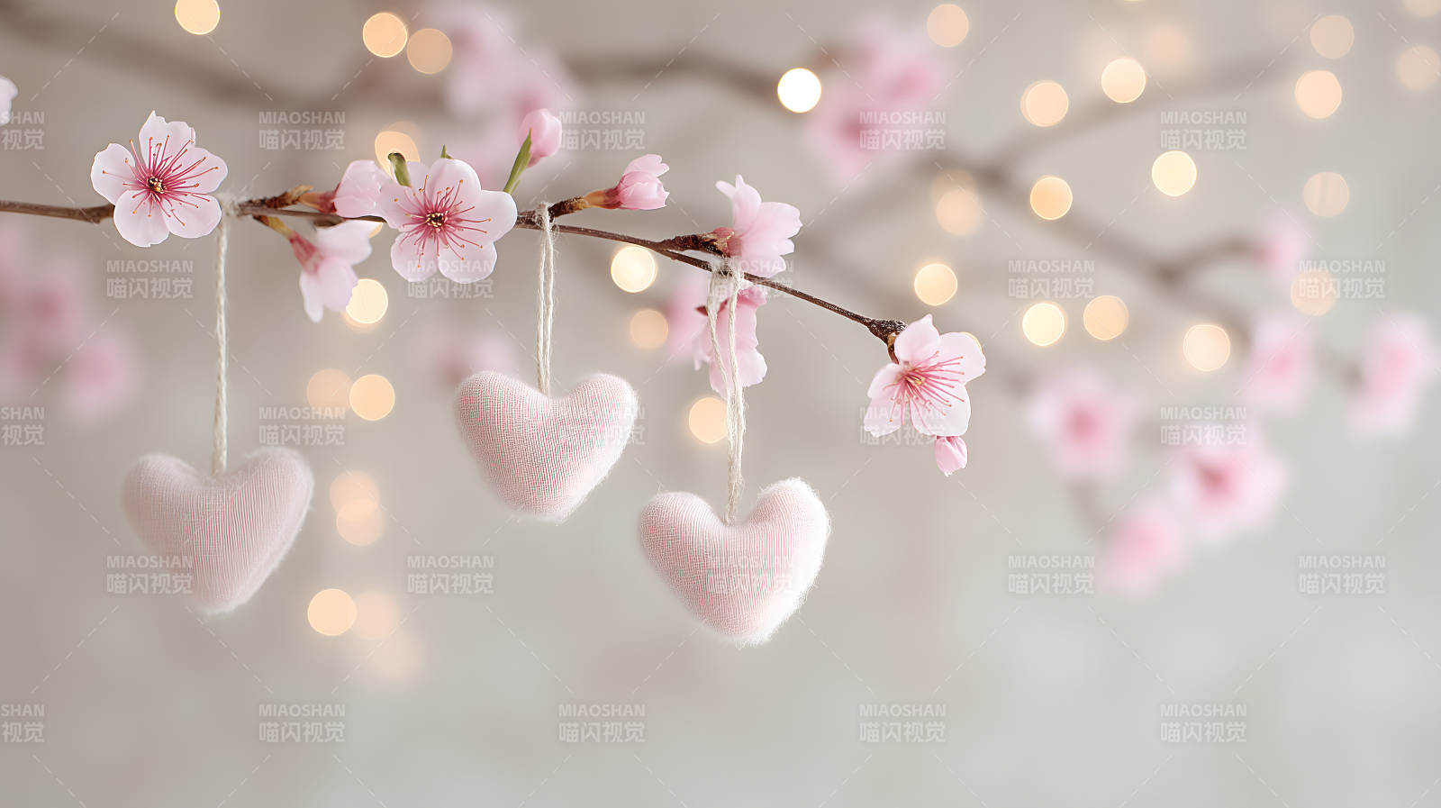 粉色櫻花與心形裝飾浪漫唯美-圖片