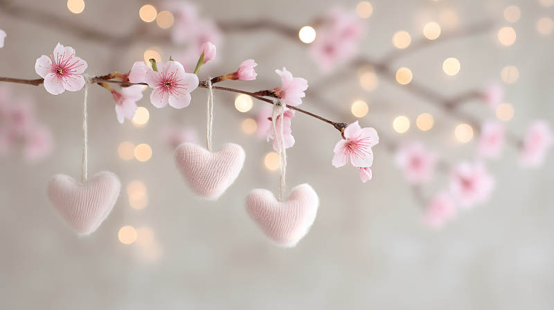 粉色櫻花與心形裝飾浪漫唯美-圖片