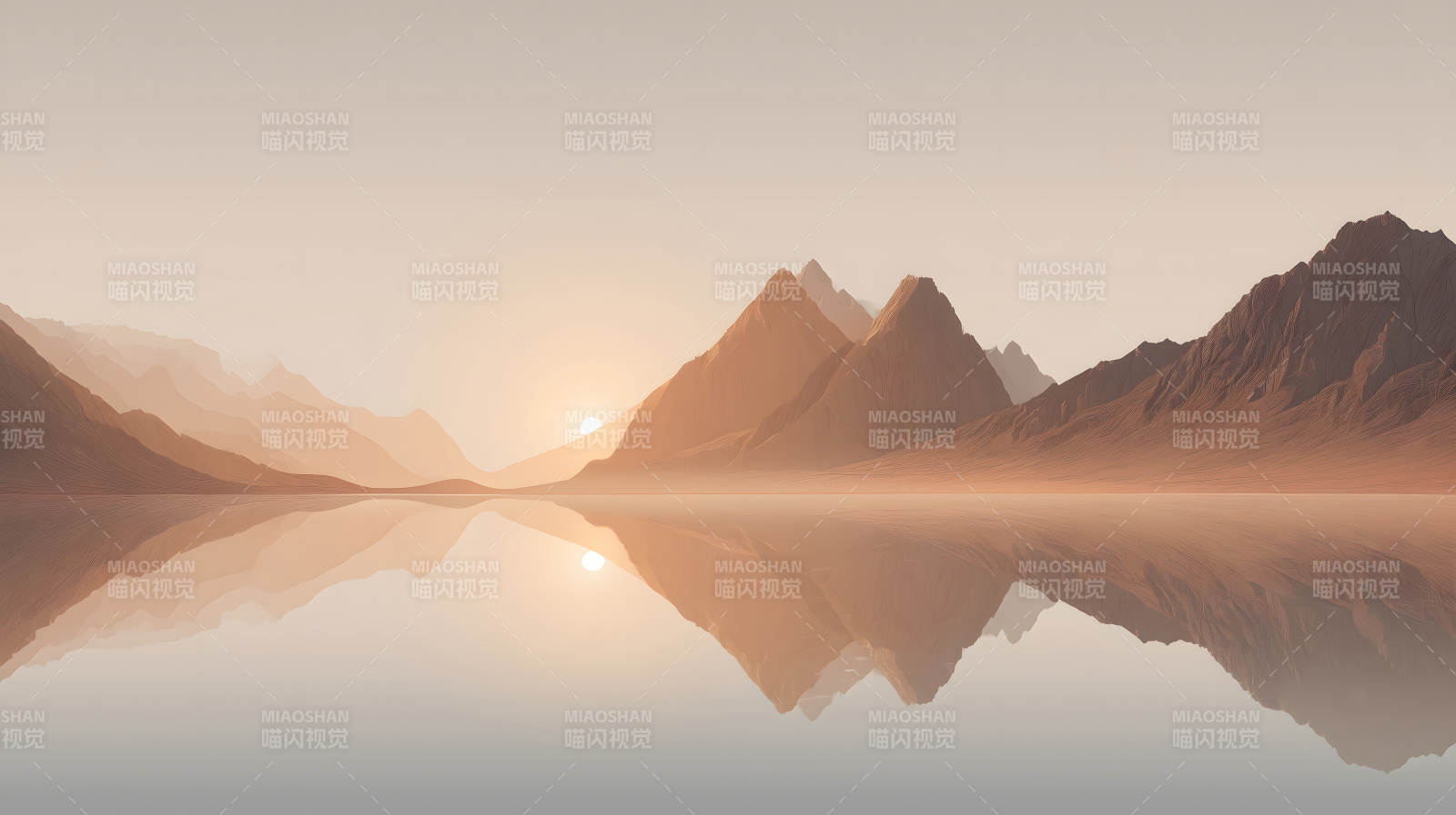 夕陽下的山川倒影景象-圖片