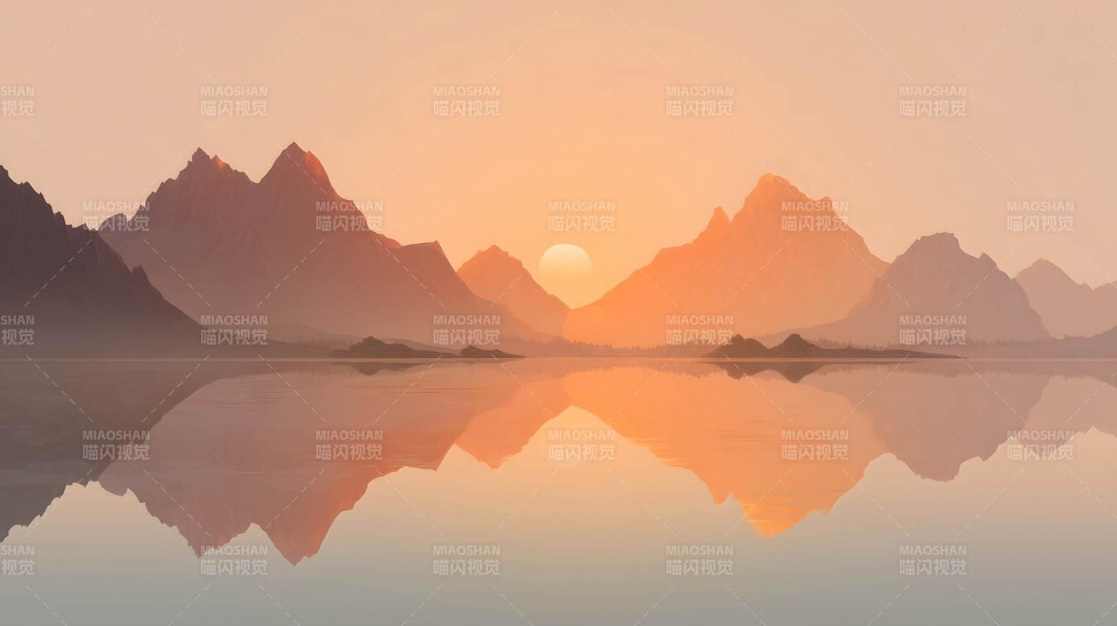 夕陽山水畫水面山巒倒影-圖片