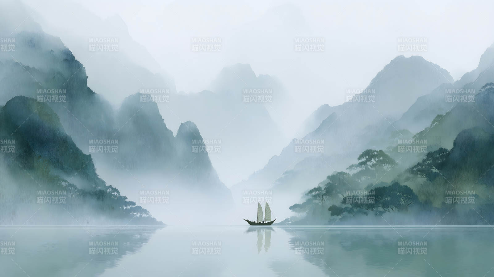 水墨山水畫船行-圖片