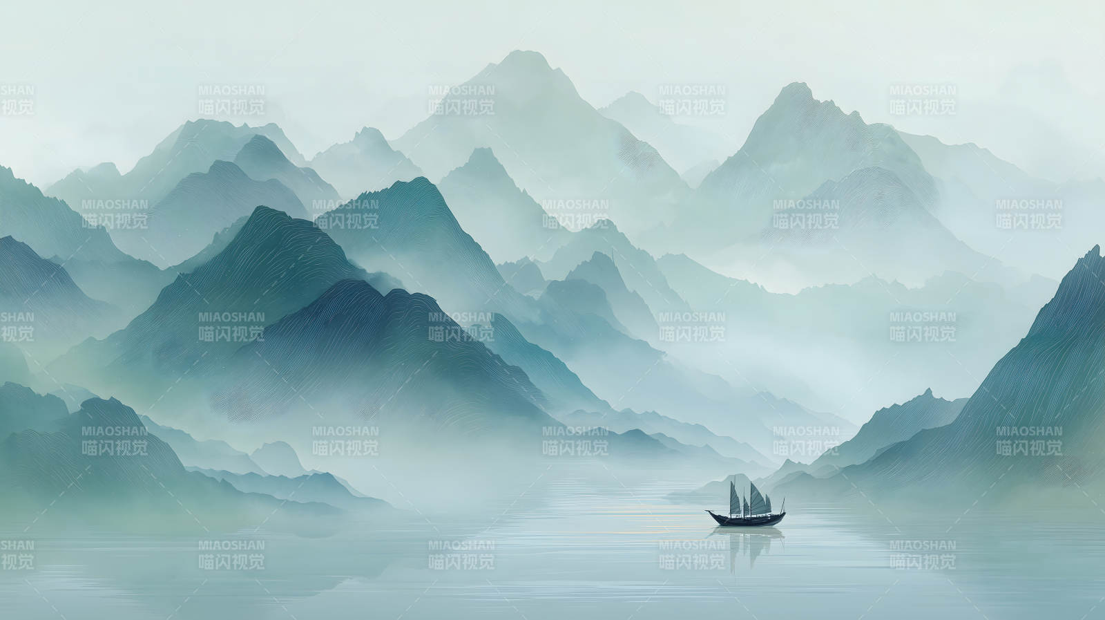 水墨山水画船行湖中云雾缭绕-图片