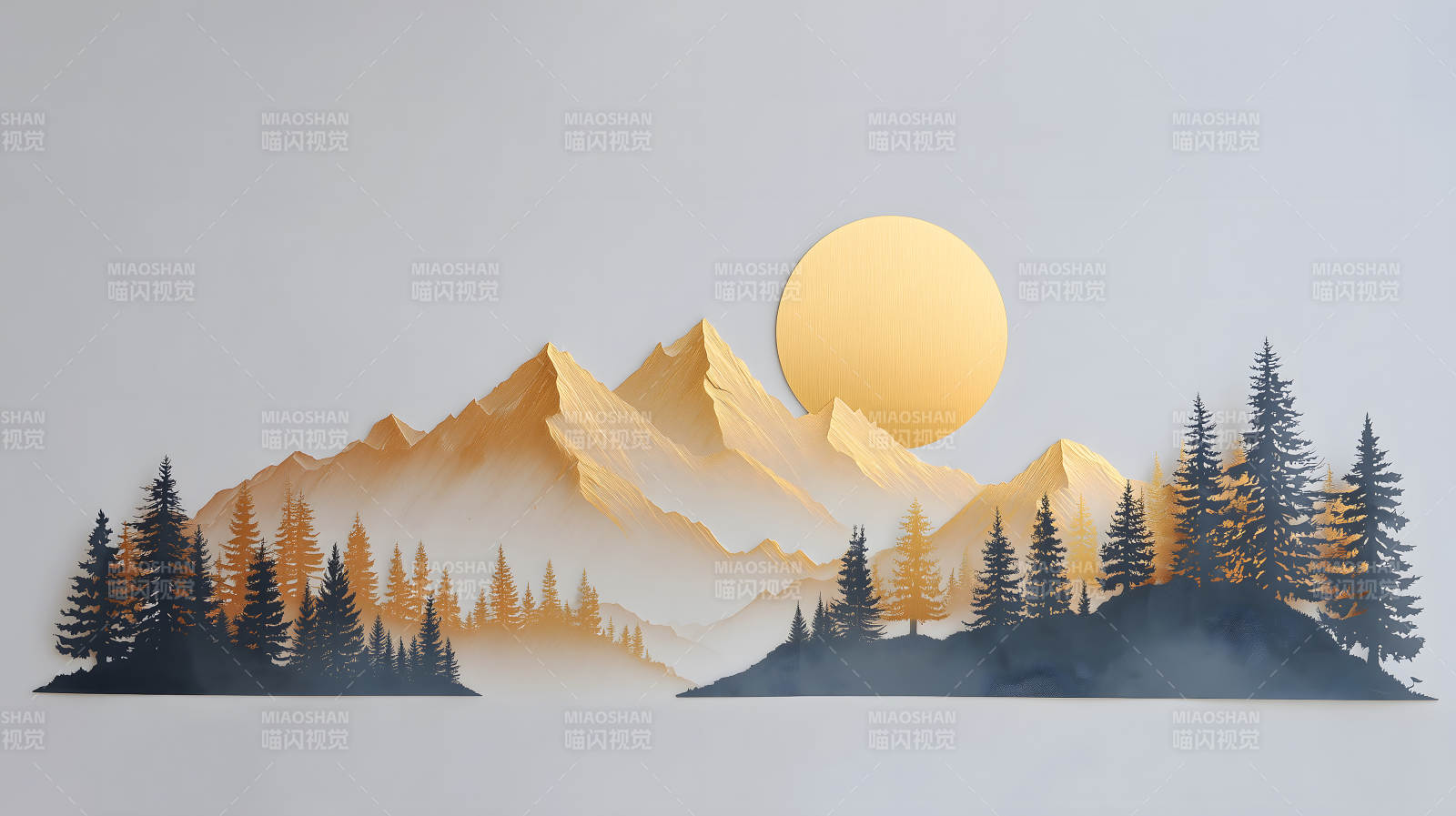 金色山脉下的森林与太阳艺术-图片