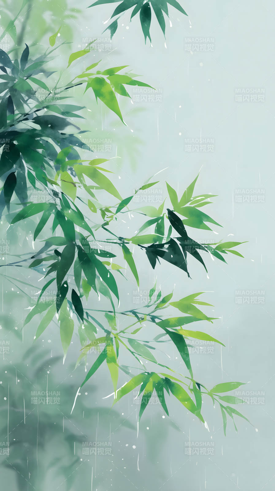 竹葉水墨意境雨中唯美風-圖片