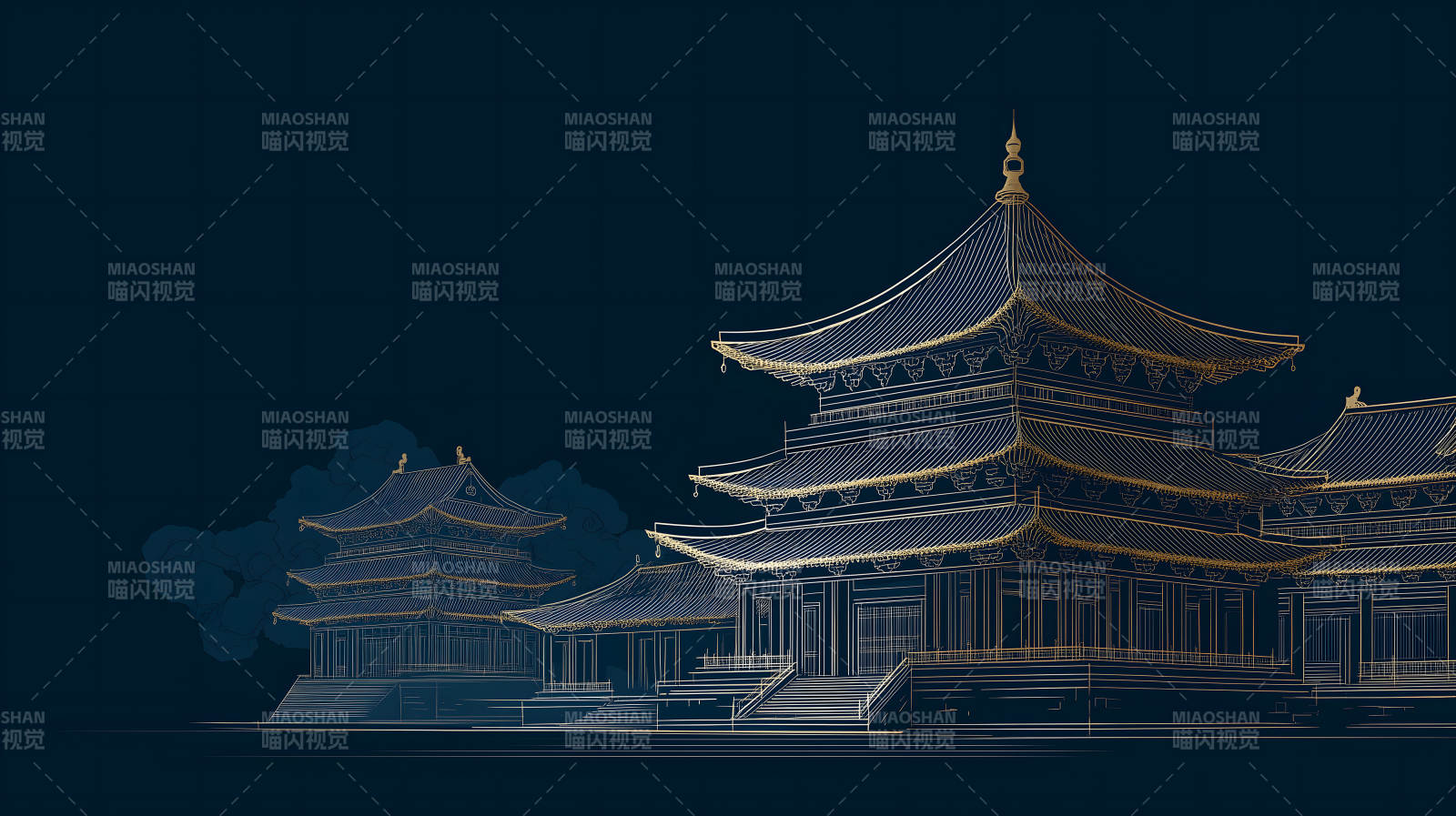 東方古建筑金色線條幽靜氛圍-圖片