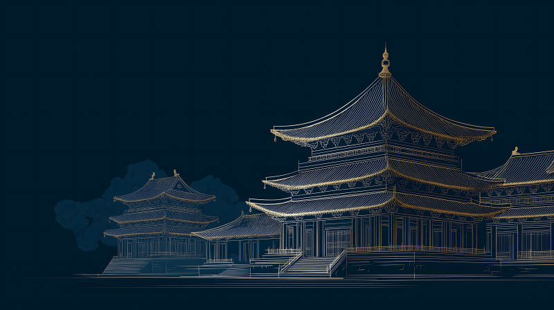 東方古建筑金色線條幽靜氛圍-圖片