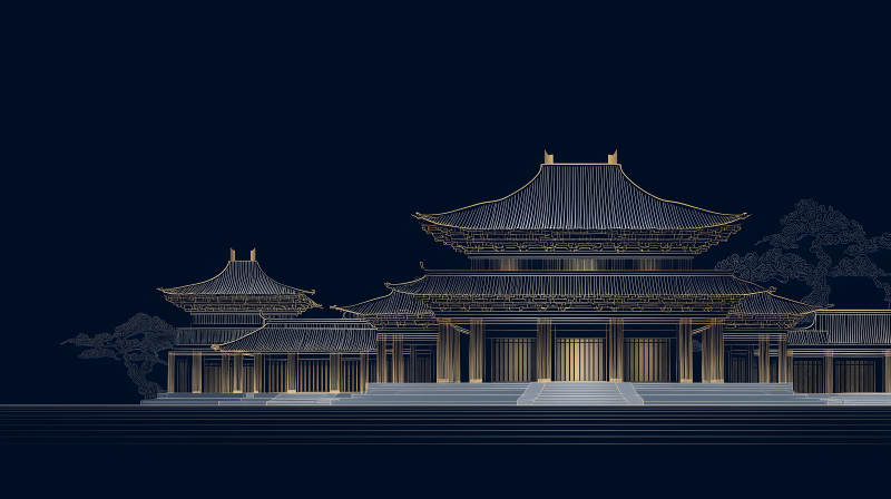 東方古韻建筑金色線條勾勒-圖片