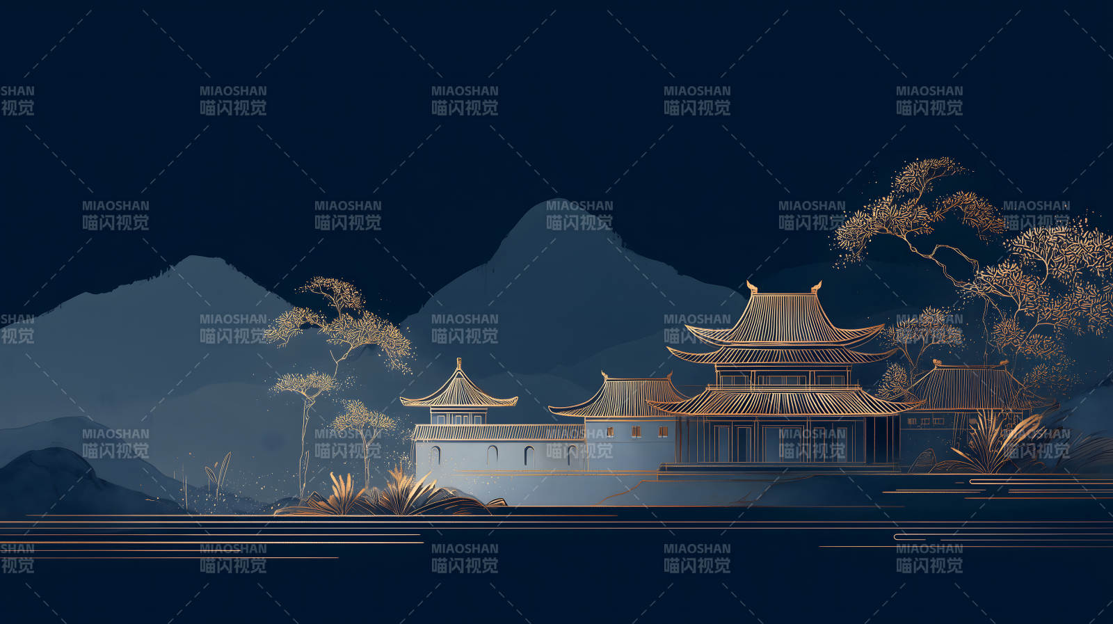 東方建筑山水畫金線裝飾圖片