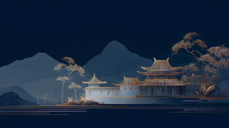 东方建筑山水画金线装饰-图片