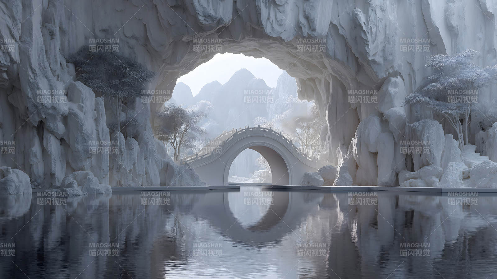 夢幻仙境水景一覽白橋屹立群山之間圖片