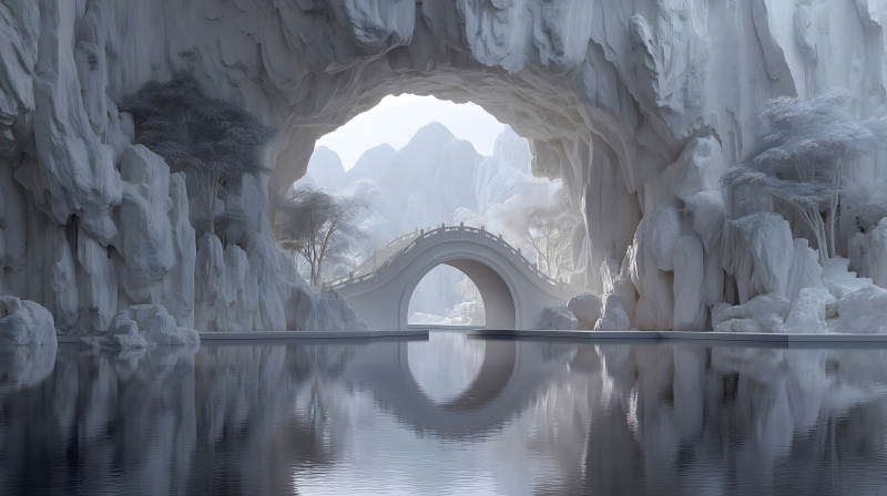 夢幻仙境水景一覽白橋屹立群山之間-圖片
