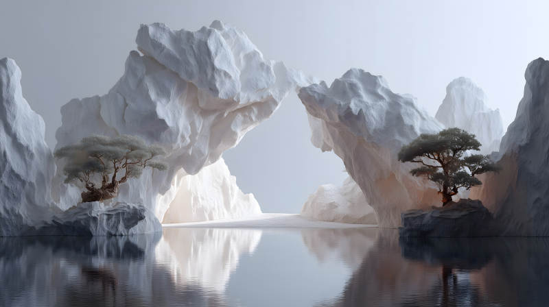 水面倒影下的山川與樹木-圖片